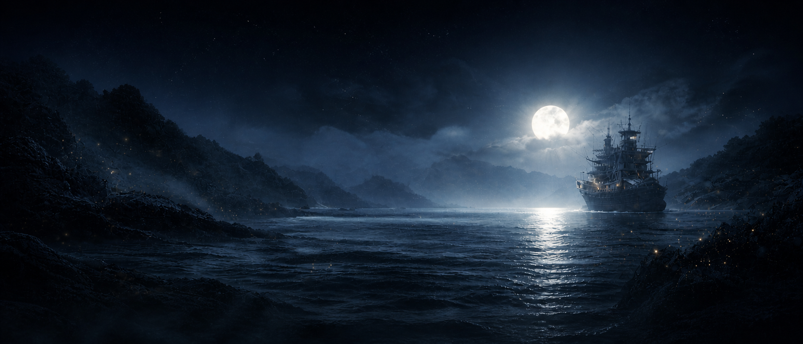VGM Ireland banner artwork featuring a pirate ship at night under a full moon, cinematic game audio design concept